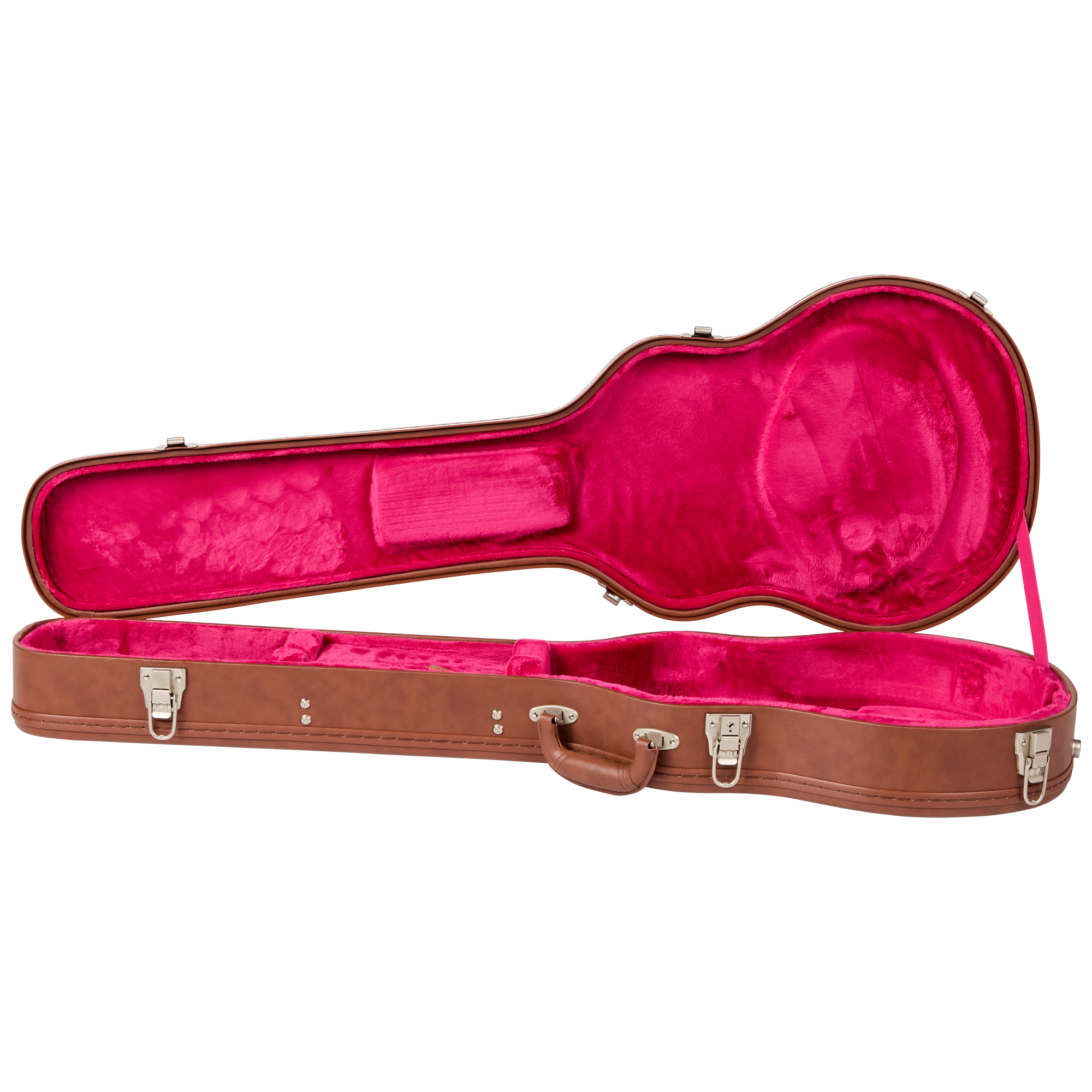 Gitarrenkoffer, braunes Gehäuse, pinkes Plüschfutter, Metallverschlüsse, Tragegriff
